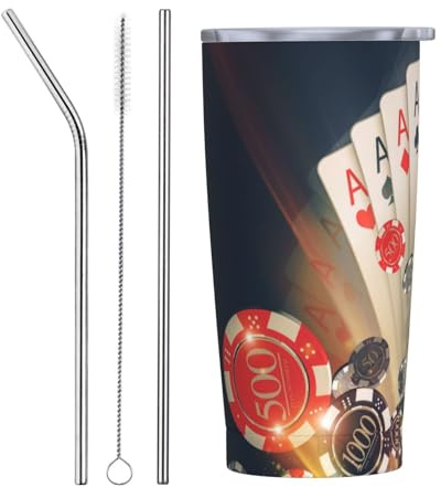 VOSERY Botella de agua de 20 onzas con tapa y popote, vaso aislado de acero inoxidable con fichas de póquer de casino, taza de café de viaje, vaso personalizado