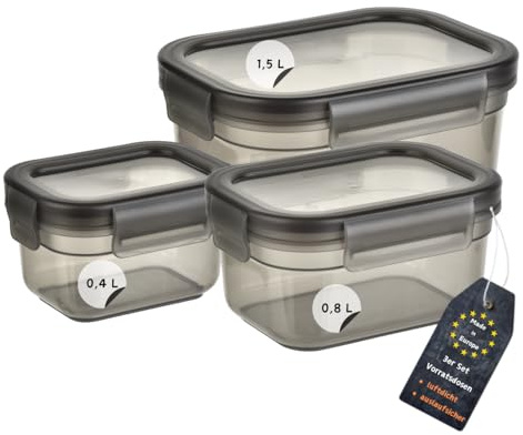 Engelland - 3er Set Aufbewahrungsdosen mit Deckel, luftdicht, auslaufsicher, stapelbar, Vorratsdose, BPA-frei, Kunststoff, verschiedene Größen, 0,4 L / 0,8 L / 1,5 L, transparent-grau