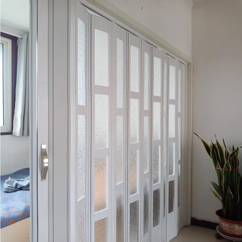 Puerta Plegable Puerta Tipo Acordeón a Prueba de Agua, Puerta Interior de Armario con Ventana de Plástico Esmerilado y Paneles de Aluminio, Puerta de Acordeón para Aberturas de Cualquier Tamaño(51x80i