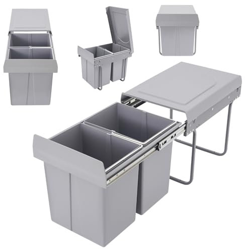 DHQCQL Ausziehbarer Mülleimer Küche, 20L Abfallsammler Einbau Unterschrank mit 2 Fächer, 49 * 35 * 43cm Einbaumülleimer für Häuser, Restaurants, Büros, Bäder, Küchen, Grau