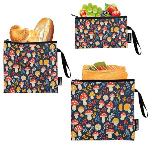 Wudan Sacchetti per spuntini riutilizzabili con foglie di fungo personalizzate, confezione da 3 sacchetti per alimenti di emergenza, borsa da cucina per il pranzo, per lavoro, picnic o viaggi