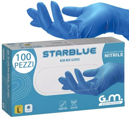 G.M. DISTRIBUZIONE 100 Guanti Nitrile Blu L senza polvere, senza lattice, ipoallergenici, Guanti Monouso Nitrile per Ospedali, Estetisti, Case di Cura e Pulizia della Casa