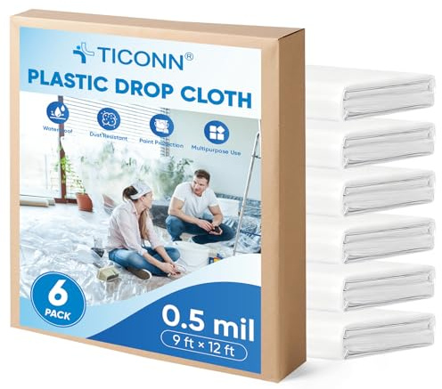 TICONN 12 x 9 Ft Plastic Drop Cloth for Painting, Waterproof Painters Plastic Sheeting, Painting Tarp for Furniture Cover, Floor Protection (6PK, 0.5Mil)