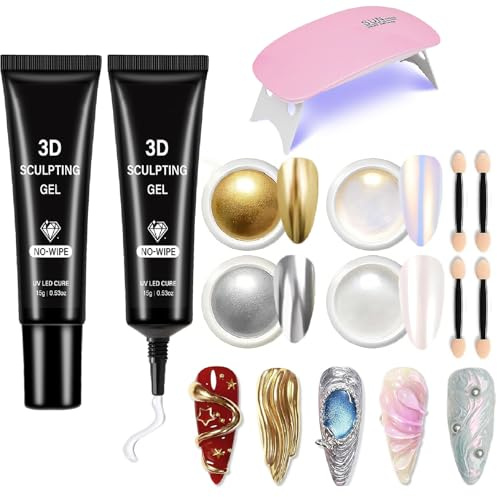 Chrome Nail Powder with 3d Nail Gel Kit, Metallic Mirror Chrome Powders for Nails, Iridescent Silver Gold Pink White Chrome Nail Powder, No Wipe Clear 3d Sculpting Nail Gel Kit for Nail Art Design
