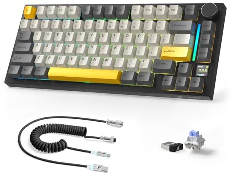 AJAZZ X ATTACK SHARK X820Ultra Tastiera Meccanica Wireless & Cavo Avvolto | 2.4G/BT/USB-C Cablato, Layout 75% 80 Tasti con Display TFT a Colori & Manopola CNC, RGB Hot-Swap, 4000mAh-Grigio/Shark Switch