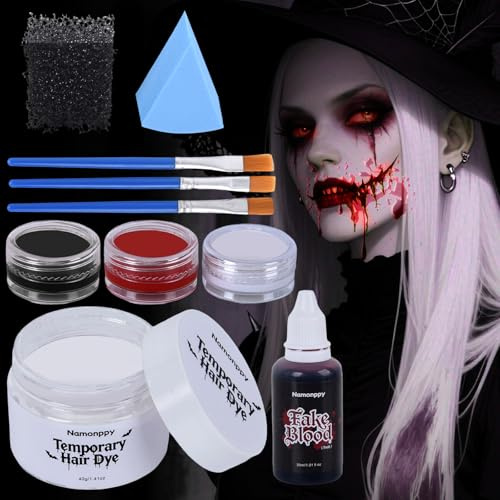 Halloween Schminke Set mit Schwarz-Weiß-Rot Face Paint, Kunstblut & Temporärer Haarfarbe für atemberaubende Joker Clown Vampir Zombie Skelett Hexe Schminke