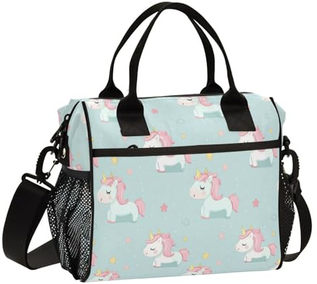 Cartoon Unicorns Cute Green Sturdy Insulated Tote with Shoulder Strap Lunch Boxes for Women for University Bolsa térmica para comida Caliente