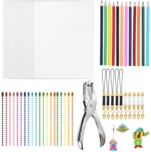 Schrumpffolien Set 198-teilig DIY Schrumpfkunst Komplettset mit 20 Schrumpfplastik Bögen 12 Farbstiften Lochzange und Zubehör für Schmuck Schlüsselanhänger und Kreative Projekte für Erwachsene