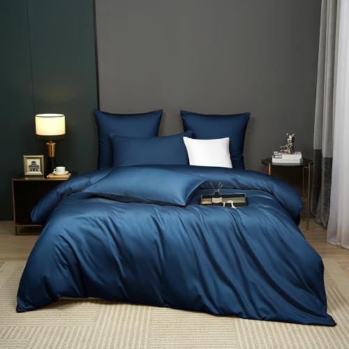Luowei Mako Satin Bettwäsche 135x200 cm Baumwolle, 4‑teilig, Marineblau | 100% Baumwolle Seidig WeichBettwäsche-Set, Atmungsaktiv Luxuriös und Kühlend mit Reißverschluss und 2 Kissenbezüge 80x80