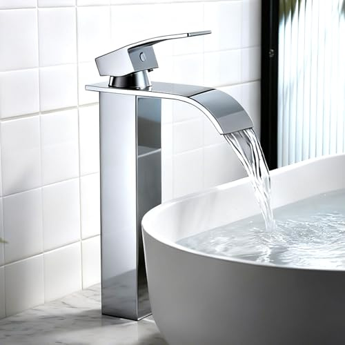 Nafall Waschtischarmatur Hoch, Wasserhahn Bad Schwarz, Wasserfall Waschtischarmatur, Einhandmischer Armatur mit Auslaufhöhe 204 mm für Aufsatzwaschbecken, Waschbecken, Waschtisch Badezimmer