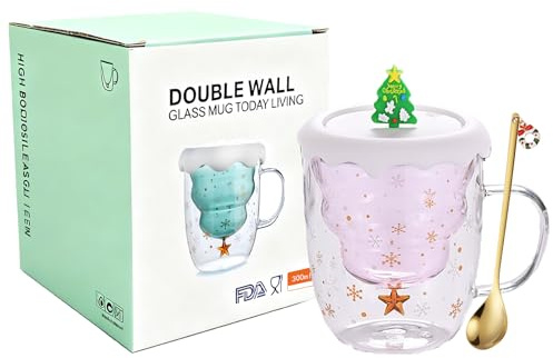 Süße Tassen Weihnachten,Kaffeebecher Doppelwandig Glas Weihnachtsbaum Isolierglasbecher mit Griff,Weihnachtstassen Geschenkset mit Deckel Löffel,Doppelwandige Kaffeegläser 300ml,für Cappuccino Latte