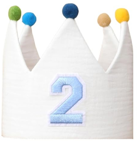 Xheanxu 2nd Birthday Hat for Party, Birthday Crown for Baby Boy Girl, Kids Party Hats with Pom Pom, Adjustable Birthdays Hat for Decorations, Comfortable Toddler Birth Day Outfit (2)