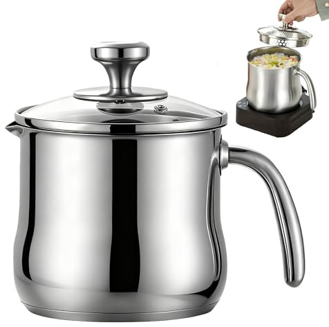 Cacerola De Acero Inoxidable: Professional Cazuela Alta Inducción Con Tapa De Cristal Con Orificio De Vapor, Asas De Acero Inoxidable, Olla Para Leche Para Todo Tipo De Fuegos