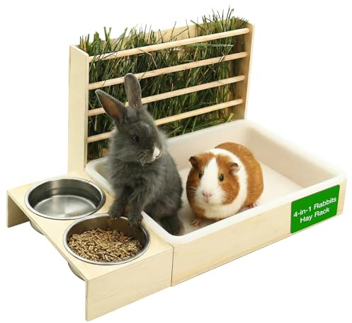 Kanin höfeeder med 2 skålar, 4-i-1 hörack trä foderdispenser, kaninoalett, för kaniner, marsvin, chinchillor, kaniner och andra små djur 54 x 36,5 x 28 cm