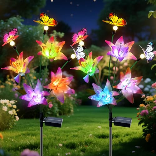 Qoosea Lampe Solaire Extérieur Jardin, 2 Pièces Fleurs Lumieres Solaire Exterieur avec Fleurs de Lys et Papillons, Étanche IP65 LED Lampes Jardin Decoration pour Terrasse, Patio