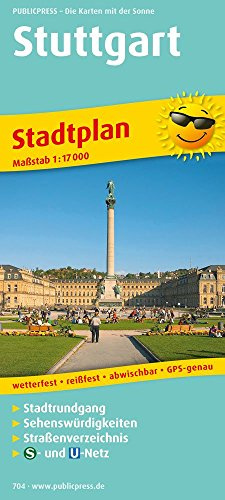 Stuttgart: Stadtplan mit Stadtrundgang entlang ausgewählter Sehenswürdigkeiten, Straßenverzeichnis, Verbund-Schienennetzplan, wetterfest, reissfest, GPS-genau. 1:17000 (Stadtplan: SP)