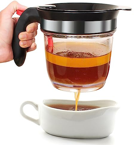 Fat Separator With Bottom Release, 4 Cup Gravy Separator for Cooking with Oil Strainer, Kitchen Gadgets Grease Separator Packaged with a 3-in-1 Multifunctional Peeler (Red)