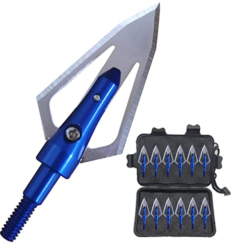 e5e10 Broadheads with Stainless Steel 2 Blades By Scalpel Material 100 Grain Piercing Hunting Arrow Tips Screw 0.9 Cut Archery Arrow Point + 1 pc Broadhead Portable Case Box (12pcs) (Blue)
