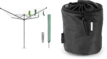 Brabantia - Lift-O-Matic - 60 Metres of Clothes Line - Metallic Grey - ø 312 cm & Premium Peg Bag - Durable and Weather Resistant - Storage for up to 150 Pegs Black - 28 x 18 x 17.5 cm