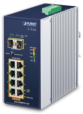 Planet IP30 Ind 8-P 10/100/1000T 802.3at Poe + 2-Port 100/1000X, IGS-1020PTF-12V (802.3at Poe + 2-Port 100/1000X SFP Ethernet Switch w/ 12V Booster)