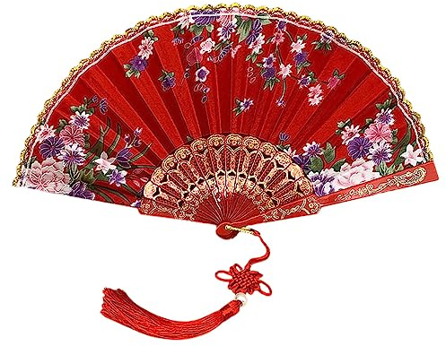Handfächer Fächer Fans Faltfächer Klappfächer Vintage Handheld Faltventilator Chinesischen Vintage Stil Handfächer für Damen Herren Frauen Wanddekoration Hochzeit Party Geschenke,Rot mit Anhänger