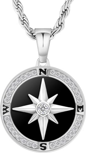 KRKC&CO Kompass Anhänger Kette Silberkette Herren, Schwarz Silbrig Biocolor Design, 2,5mm 55,9cm Rope Kette Kettenanhänger Münze Windrose mit Zirkonia, Edelstahl Medaillon, Geschenk für Männer Jungs
