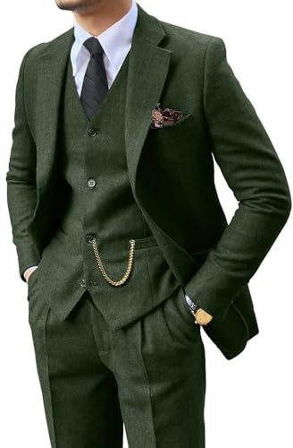 Retro 3-delad kostym tweed fiskbensmönster män kostymer smal passform brudgum smoking set bal brun grå jacka blazer väst byxor, gRÖN, S