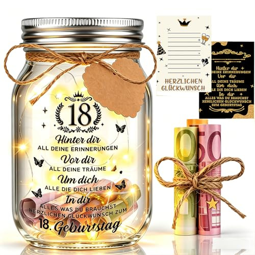 Johiux Geschenke zum 18 Geburtstag Mädchen Junge,LED Flaschenlicht Geldgeschenke Geburtstag 18,Geburtstag Geldgeschenke Verpackung,18.Geburtstagsgeschenk Geld Leuchtflasche Geschenkideen.(12.8x8cm)