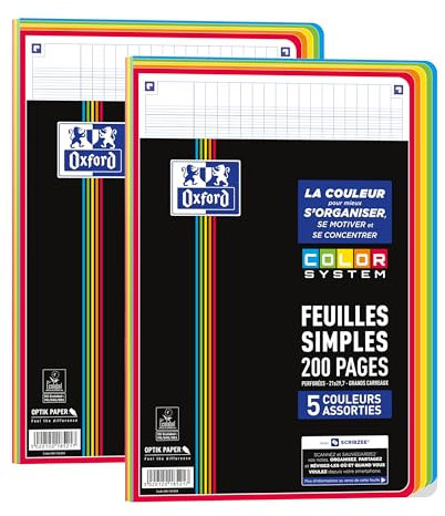 Feuilles Simples COLOR SYSTEM, Lot de 2 Pack de Feuille Simple, 200 Feuilles, A4 Perforées, Grand Carreaux Seyès, 5 Couleurs de Cadres Assorties Sous Film