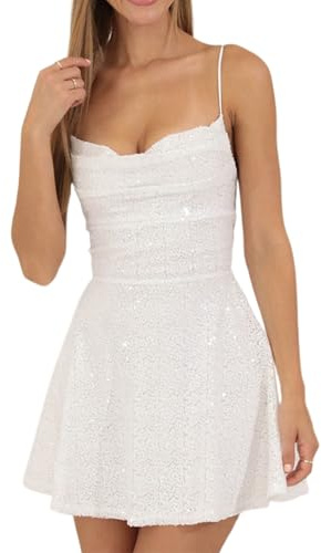 Damen Glitzer Pailletten Mini Kleid Spaghettiträger Rückenfrei A-Linie Cami Kleid Ärmellos Funkelnd Party Clubwear Kleid, Weiß A, M