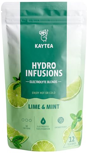 KAYTEA Lime & Mint Herbal Tea and Fruit Tea – 12 Hydro Infusion Tea Bags – Caffeine Free, Zero Sugar & Calories – Unsweetened Flavoured Tea with Added Electrolytes