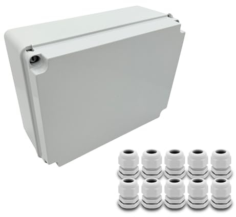 ARLI Abzweigdose IP67 310x230x130 mm Grau + 10x Kabelverschraubung M20 Aufputzdose Feuchtraumdose ohne Vorprägung Gehäusekasten Deckel mit Dichtung halogenfrei