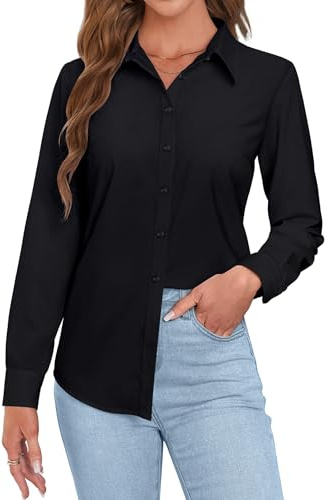 Rapbin Black Blouses for Women UK Long Sleeve Top Dress Shirts Wrinkle Free Work Shirt Button Down Blouse Executive Work Office Top (Black L)