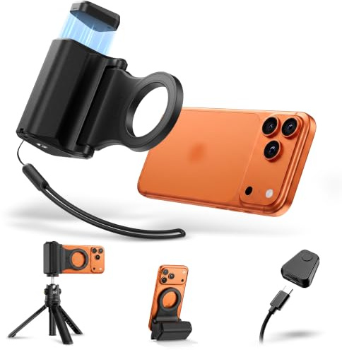 Magnetic Phone Camera Grip with Bluetooth Remote & 1/4 Tripod Screw | Shutter Grip for iPhone 17 Pro Max 16 15 14 13 & Android Smartphone Camera Handle Holder for Video Photo Fun Shooting