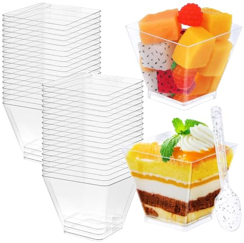 Kinesgsg 50 stycken dessertglas med skedar, med lock, 60 ml dessertkoppar | Hård plast dessertskålar, fyrkantiga dessertkoppar, dessertskålar återanvändbara, för desserter pudding