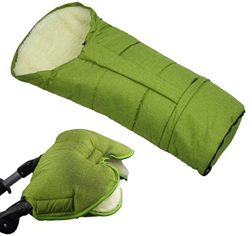 BAMBINIWELT KOMBI-ANGEBOT MUFF + vinterfotväska/MUMIE – av lammull för barnvagn, buggy, slipad hellgrün