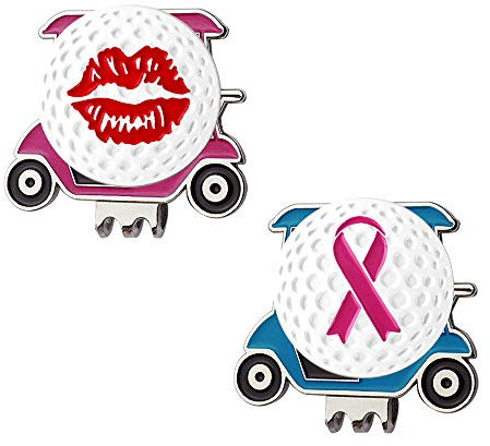 Myartte Leistungsstarker magnetischer Golfwagen-Hut-Clip, Verschiedene Muster, Golfball-Marker, 24,4 mm, schönes Golfgeschenk für Damen, Herren, Kinder, 2 Stück, Rote Lippe und Schleife