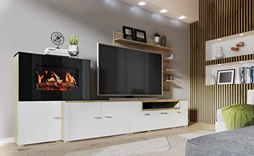 Skraut Home- Wohnmöbel mit elektrischem Kamin mit 5 Flammenstufen, mattweißer Oberfläche und gebürsteter Heller Eiche, 290x170x45cm