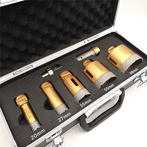 SHDIATOOL Diamant Bohrkrone Set 7-teilig mit Box 20/27/35/55/68mm and ein 20mm Fingerfräser ein Adapter für Porzellan Fliese Granit Marmor Trockenbohren