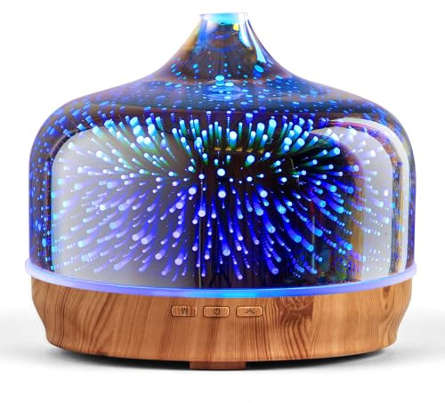 Porseme Aroma Diffuser 500ml, Handgeblasen 3D Glas Luftbefeuchter, Ultraschall Aromatherapie Öle Diffusor mit 7 farbigem LED Licht,Diffusor für Ätherische Öle Letzte 15-21 Stunden,BPA Frei für Wohnung
