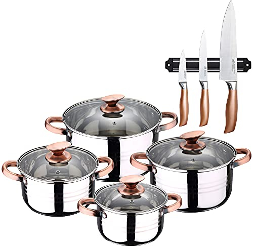 Batterie de cuisine 8 pièces adaptée à l'induction SAN IGNACIO Altea en acier inoxydable avec jeu de 3 couteaux en acier inoxydable avec barre magnéti