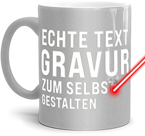 Metallic Tasse mit Gravur selbst gestalten - mit eigenem Wunschtext oder Wunschname gravieren - Edle Keramiktasse in Silber - 300 ml | Personalisierte Lasergravur