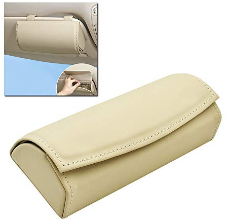 HIBEYO Brillenhalter für Auto Sonnenblende Universal Auto Sonnenbrille Brillenetui Halter Hülle Brillen Aufbewahrungsbox Organizer mit Magnetischem Funktion Autodekoration Zubehör PU Leder(Beige)