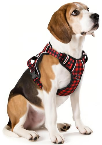 HEELE Hundegeschirr für Mittlere Hunde, Anti Zug mit Griff, Rot Kariert, M | Brustgeschirr für Mittelgroße Hunde, Weich Atmungsaktiv Einstellbar Reflektierend Hundegeschirr Anti Zug mit Gepolstert Griff