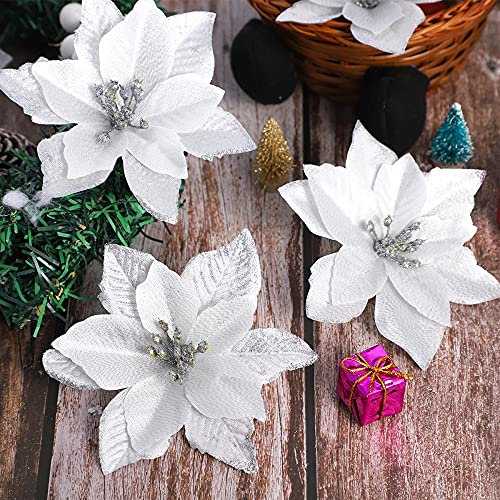 GALER 12-teilig Weihnachtsblumen Glitzer Blumen Weihnachten Deko Weihnachtsbaumschmuck Poinsettia Künstliche Hochzeit für Weihnachtsbaum Adventskranz, 5 Zoll Christbaumschmuck (Silber)