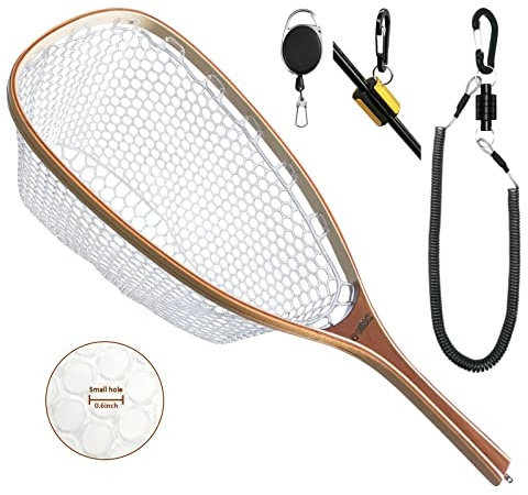 ONROCL Fly Fishing Net Trout Net with Magnetic Release and Rod Holder Wooden Frame Landing Net with Soft Rubber Mesh for Catch and Release (Clear Small Holes)