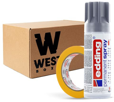 W West Boxx Premium Acryllack Spray 200 ml in Silber Matt im Set mit Kreppband Gold 25mm x 50m Typ 521, für exakte Farbkanten