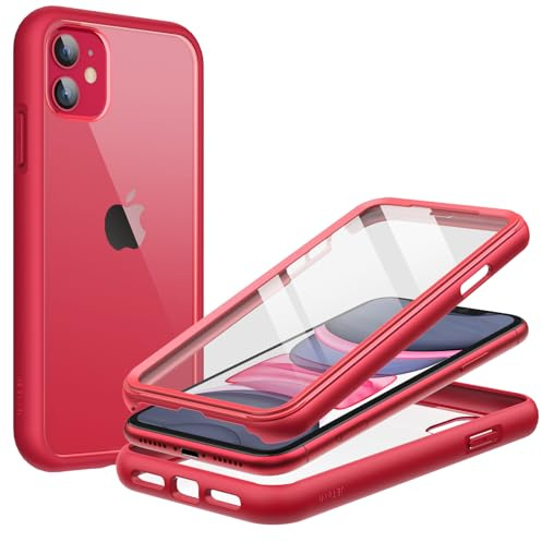 JETech Skal för iPhone 11, Röd | Inbyggt Skärmskydd i Härdat Glas, 360 Graders Hela Kroppen för Tung Skydd, Stötsäkert Klar Baksida
