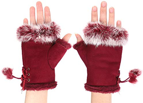 ITODA Handschuhe Fingerlose Damen Armstulpen Winter Fell Winterhandschuhe Halb Fingerhandschuhe mit Daumenloch Schreibhandschuhe Warm Fäustlinge Kurz Halbhandschuhe Tippen Fahrrad Geschenk Fahren