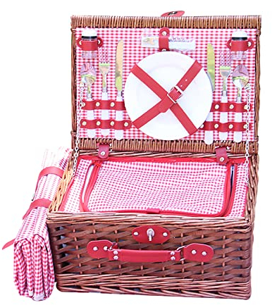 BASII Picknickkorb-Set für 2 Personen, großer Korb, isolierter Kühler, isoliertes Fach, wasserdichte Picknickdecke, Korb, Besteck-Servierset – Rosa (1)